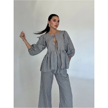 Bluz Fiyonklu Çizgili Balon Kollu Poplin Kadın Bluz Takım
