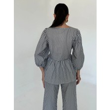 Bluz Fiyonklu Çizgili Balon Kollu Poplin Kadın Bluz Takım