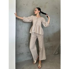 Bluz Fiyonklu Çizgili Balon Kollu Poplin Kadın Bluz Takım