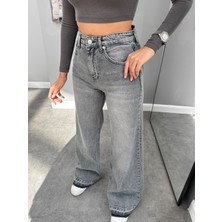 Gri Paça Püsküllü Wide Leg Jean