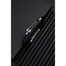 Frnch 316L Çelik Italyan Model Siyah-Gümüş Renk Deri Erkek Bileklik FRJ12288-3288-A