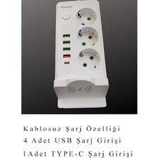 Premio 3 Lü Temassız Hızlı Şarj 4 Usb' Li 1 Typ-C Girişli Grup Priz Beyaz Renk