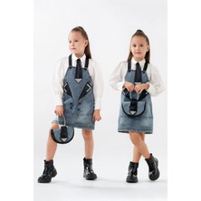 Miniğimin Cicileri Kravat Çanta Aksesuarlı Kız Çocuk Kotlu jile takım - Mavi