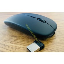 Ata Elektronik Mat SİYAH Slim Sessiz ŞARJ EDİLEBİLİR Pilli Bataryalı Laptop Uyumlu Kablosuz Wıreless Optik Fare Mouse 2.4GHZ  SESSİZ TIKLAMA KENDİNDEN PİLLİ