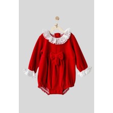 Andywawa Yakası ve Kol Ucu Dantelli Kurdele Detaylı Kadife Özel Gün Kız Bebek Tulum