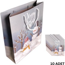 Yılbaşı Temalı Ipli Karton Çanta, Kardan Adam Desenli Yeniyıl Hediye Çantası, 10 Adet, 25X30X9 cm