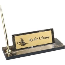 Kişiye Özel Kalemli Osmanlı Tuğra Tasarımlı Mermer Desenli Ahşap Masa Isimliği