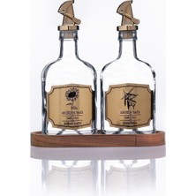 Moss 2\'li Ahşap Stantlı Damlatmaz Zeytinyağı Sıvıyağ Şişesi Cam Yağdanlık Seti 500 ml