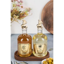 Moss 2\'li Ahşap Stantlı Damlatmaz Zeytinyağı Sıvıyağ Şişesi Cam Yağdanlık Seti 500 ml