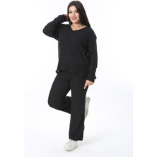 Kadın Büyük Beden Siyah Kaşkorse Kumaş V Yakalı Bluz Pantolon Ikili Takım 65N38379