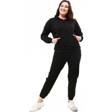 Kadın Siyah Kapşonlu Cep Detaylı Eşofman Takım