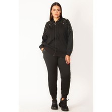 Kadın Siyah Ön Fermuarlı Taş Detaylı Kapşonlu Sweatshirt Pantolon Takım