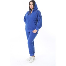 Kadın Büyük Beden Saks Ön Fermuarlı Taş Detaylı Kapşonlu Sweatshirt Pantolon Ikili Takım 26A28091