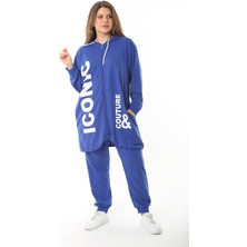 Kadın Büyük Beden Gri Baskı ve Fermuar Detaylı Kapşonlu Sweatshirt Pantolon Takım 65N37128