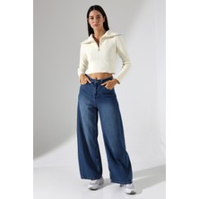 Lavinza Fermuarlı Devrik Yaka Triko Crop Kazak