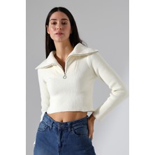 Lavinza Fermuarlı Devrik Yaka Triko Crop Kazak