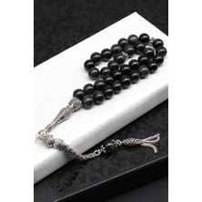 Obsidyen Doğal Taş Tesbih 925 Ayar Gümüş 8 mm Küre Kesim