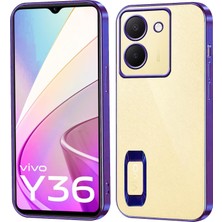 Case World Vivo Y36 Kapak Yanları Renkli Lens Korumalı Logo Gösteren Şeffaf Luxury Silikon Kılıf - Mor