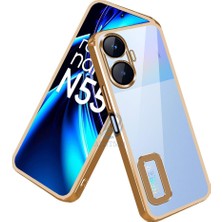 Case World Realme C55 Kapak Yanları Renkli Lens Korumalı Logo Gösteren Şeffaf Luxury Silikon Kılıf - Gold