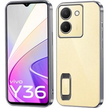 Case World Vivo Y36 Kapak Yanları Renkli Lens Korumalı Logo Gösteren Şeffaf Luxury Silikon Kılıf - Gümüş