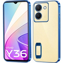 Case World Vivo Y36 Kapak Yanları Renkli Lens Korumalı Logo Gösteren Şeffaf Luxury Silikon Kılıf - Mavi