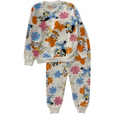 Kız Çocuk Iki Iplik Pamuklu Şardonlu Beyaz Bluey Desenli Uzun Kollu Pijama Takımı