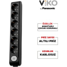 Viko Altılı Grup Priz Anahtarlı Topraklı - Çocuk Korumalı Çoğaltıcı Priz 6'lı Kablosuz Siyah