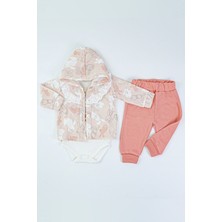 Tavşan Desenli Dantel Yakalı Yelekli Zıbın Kapşonlu Uzun Kol Pamuklu Kız Bebek 3'lü Takım Alt Üst