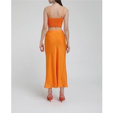 Fashion Cocktail Kabartma Çizgi Askılı Lastikli Sırt Crop Bluz Turuncu