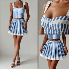 Fashion Cocktail Santorini Marin Renk Sırt Lastikli Pamuklu Dantelli Çizgili Şirin Yazlık Etek Krop Takım Mavi