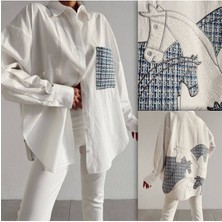 Fashion Cocktail Arkası At Işlemeli Kabartma Ekose Tüvit Düğmeli Cepli Asimetrik Ofis Yama Işi Tasarım Gömlek