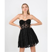 Fashion Cocktail Kabartma Kumaş Kabarık Etek Transparan Tül Straples Tütü Gece Party Prenses Elbise