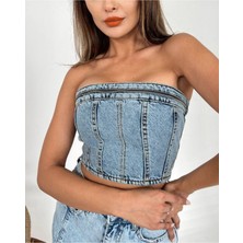 Fashion Cocktail Denim Kot Yarım Fermuar Detaylı Sırt Fermuarlı Straples Askısız Büstiyer Krop