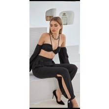 Fashion Cocktail Ispanyol Kol Bağlamalı Şık Crop Bluz Pantolon Takım Siyah