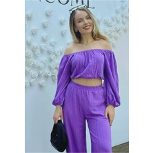 Fashion Cocktail Düşük Omuz Yazlık Lastikli Bohem Sahil Pantolon Krop Göbek Açık Kadın Takım