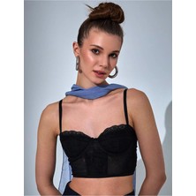 Fashion Cocktail Transparan Sırt Bel Detaylı Kopçalı Askılı Dantelli Kombin Krop Büstiyer