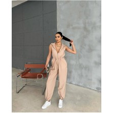 Fashion Cocktail Kapşonlu Fermuarlı Kolsuz Spor Dokulu Kumaş Pantolon Tulum
