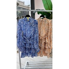 Fashion Cocktail Vatkalı Omuz Katlı Etek Ithal Soft Otantik Desen Şifon Kumaşlı Uzun Kol Baharlık Mini Elbise