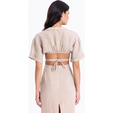 Fashion Cocktail Ham Keten Arka Yırtmaçlı Kalem Etek Derin V Yaka Kısa Kol Krop Bohem Yazlık Takım