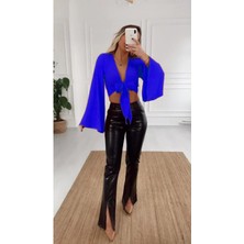 Fashion Cocktail Saten Önden Bağlamalı Dekolte Gece Kokteyl Kombin Uzun Kol Krop Bluz