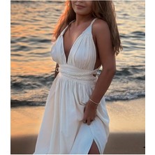 Fashion Cocktail Helenistik Keten Örgü Sırt Bağlamalı Bohem Yazlık  Sırt Dekolteli Uzun Bohem Elbise