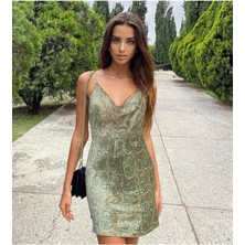 Fashion Cocktail Otantik Şal Desenli Degaje Yaka Askılı Mini Saten Kokteyl Gece Elbisesi Yeşil