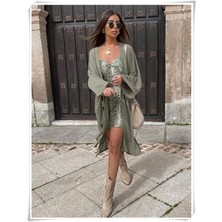 Fashion Cocktail Otantik Şal Desenli Degaje Yaka Askılı Mini Saten Kokteyl Gece Elbisesi Yeşil