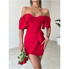 Fashion Cocktail Yaprak Kol Önden Bağlamalı Göğüs Pedli Mini Kokteyl Davet Gece Elbisesi