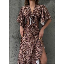 Fashion Cocktail Kabartma Kumaş Leopar Desenli Kısa Kol Uzun Yırtmaçlı Etek Yazlık Takım Kahve