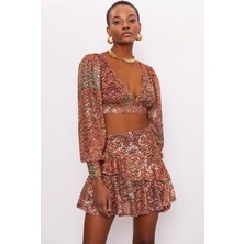 Fashion Cocktail Dantelli Fırfırlı Etek Uzun Kol Derin V-Yaka Crop-Etek Takım Kahve