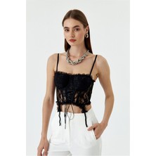 Fashion Cocktail Ön Korseli Askılı Dantelli Gece Krop Büstiyer Dokuma Kumaşlı Kruvaze Yaka Kadın