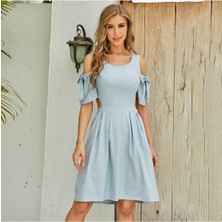 Fashion Cocktail Omuz Bel Pencereli Fiyonklu Kloş Günlük Ofis Diz Hizası Midi Elbise Açık Mavi