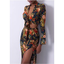 Fashion Cocktail Çiçekli Asimetrik Etek Yakalı Bağlamalı Bohem Etek Bluz Kadın Ikili Takım Lacivert