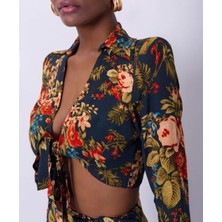 Fashion Cocktail Çiçekli Asimetrik Etek Yakalı Bağlamalı Bohem Etek Bluz Kadın Ikili Takım Lacivert